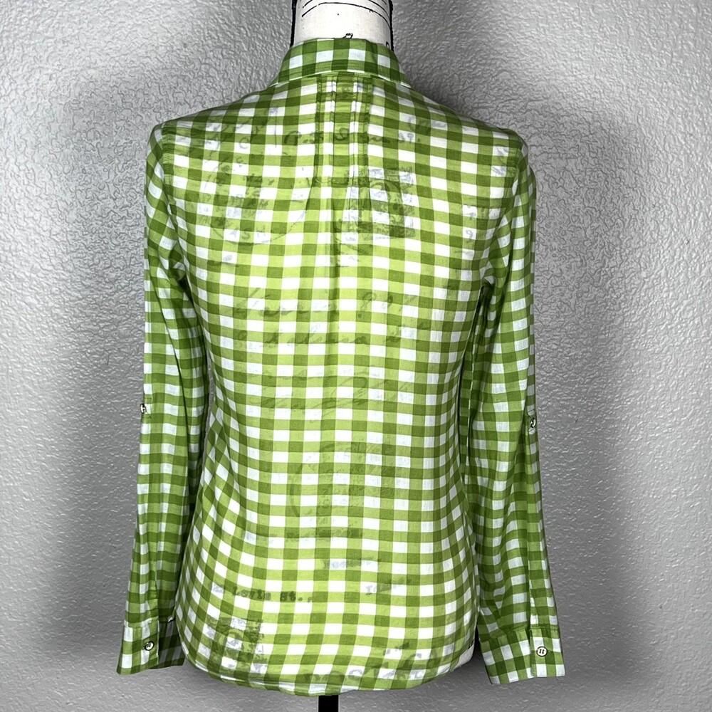 Olivia Moon Sz XS Button Up Long-Sleeve Shirt Green/White Checks 100% Cotton - Picture 2 of 12